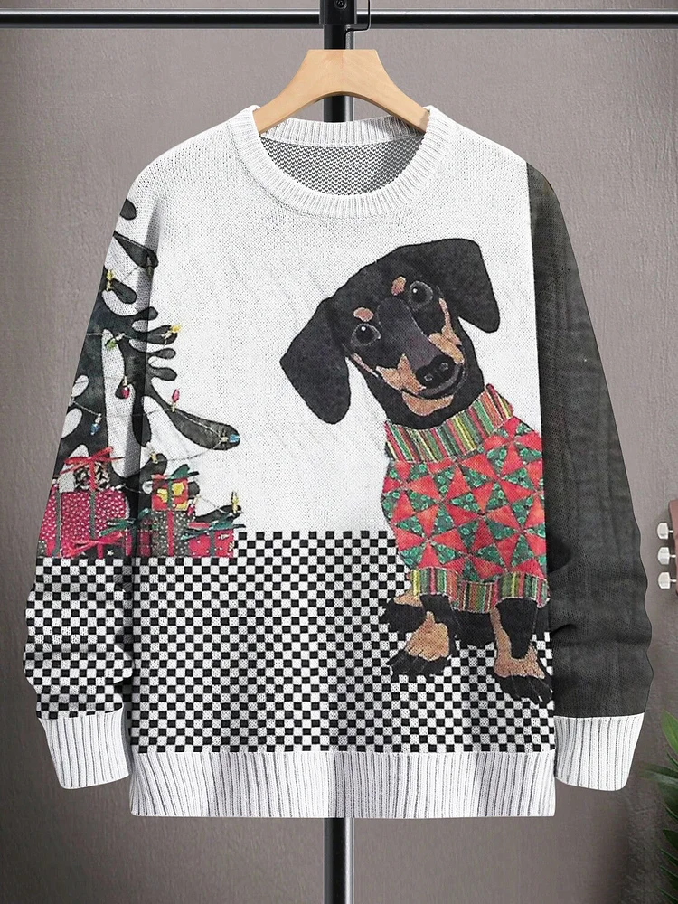 Men's Christmas Dog Plaid Gifts Print Knit Sweatshirt