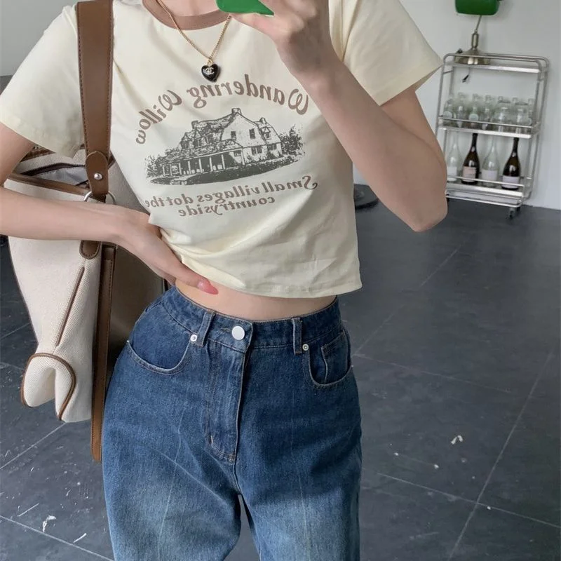 Uveng Uveng Print Short Sleeve T-Shirt Women's Color Round Collar Bottom Shirt 2024 Summer Hot Girl Short Student Top