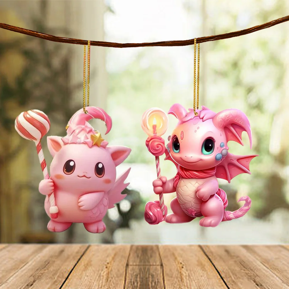 2 PCS Acrylic Pink Dinosaur 2D Flat Xmas Hanging Pendant New Year Birthday Gifts