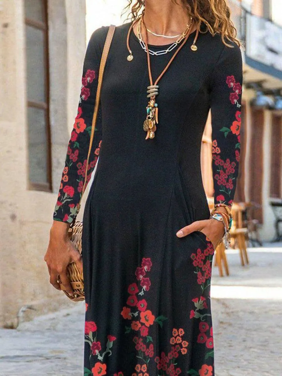 Loosen Pastoral Crew Neck Dresses