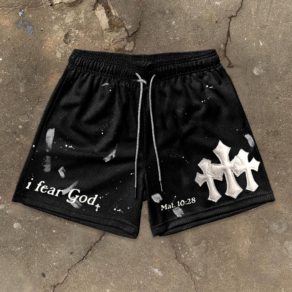 Sopula I Fear God Cross Graphic Casual Street Mesh Shorts - SOPULA