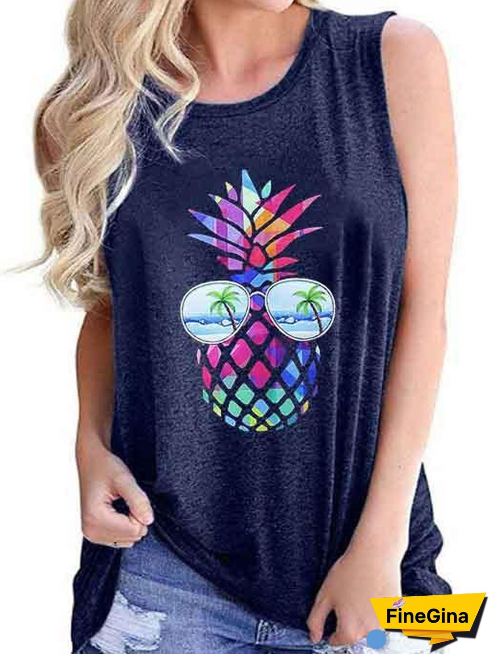 Women's Loose Sleeveless Round Neck Coloured Print T-shirt