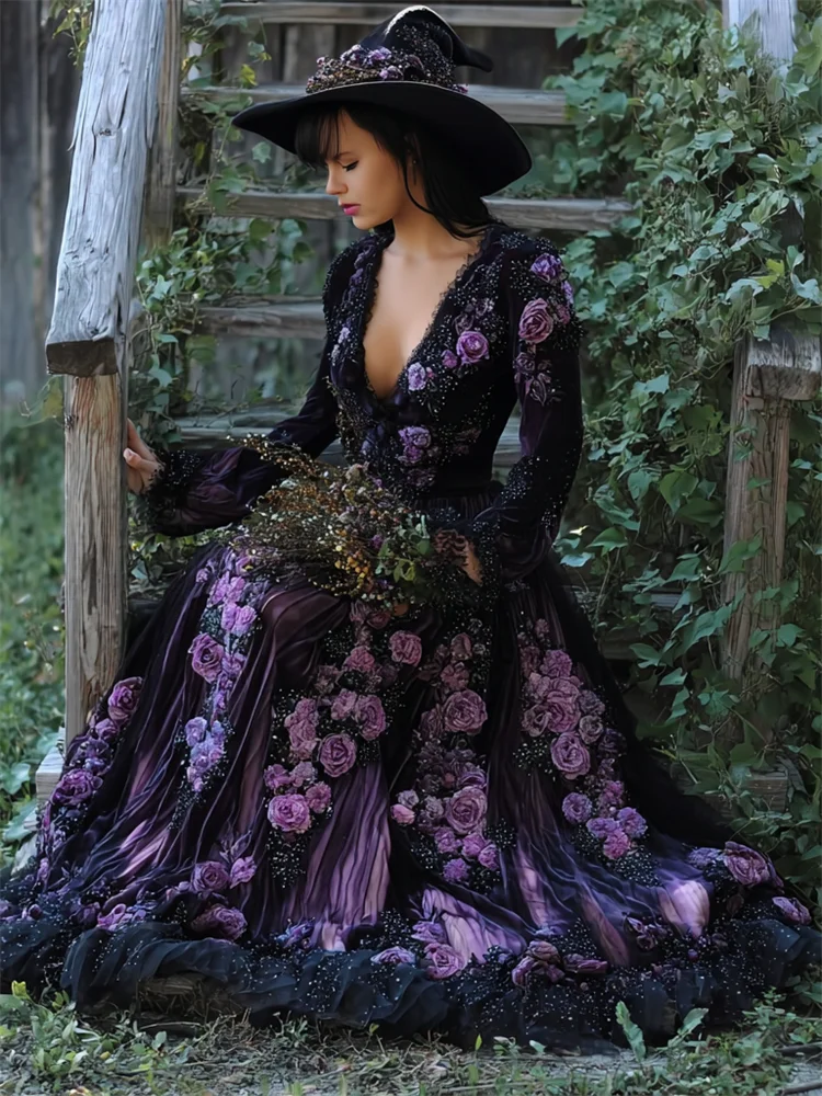 Vintage Witch Purple Roses Glitter Embroidered Wide Skirted Dress
