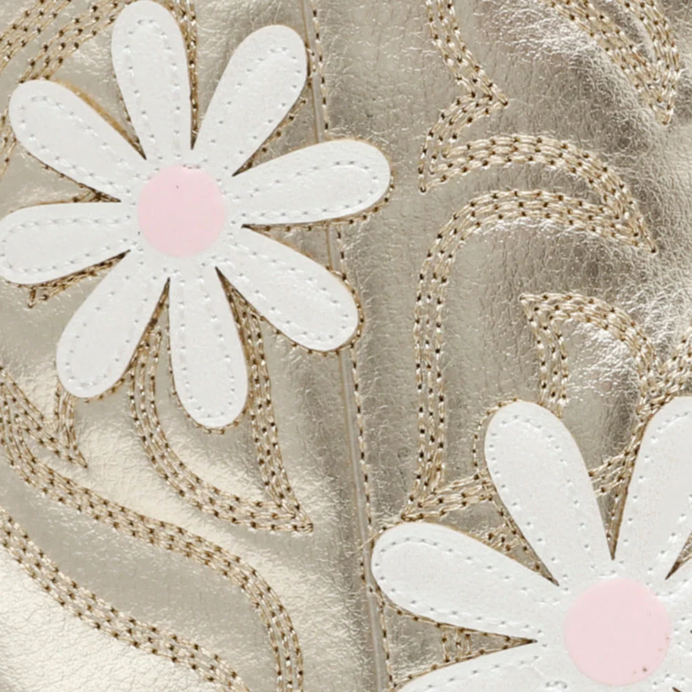 Champagne Pointed Toe Flower Stacked Heel Zipper Booties for Women