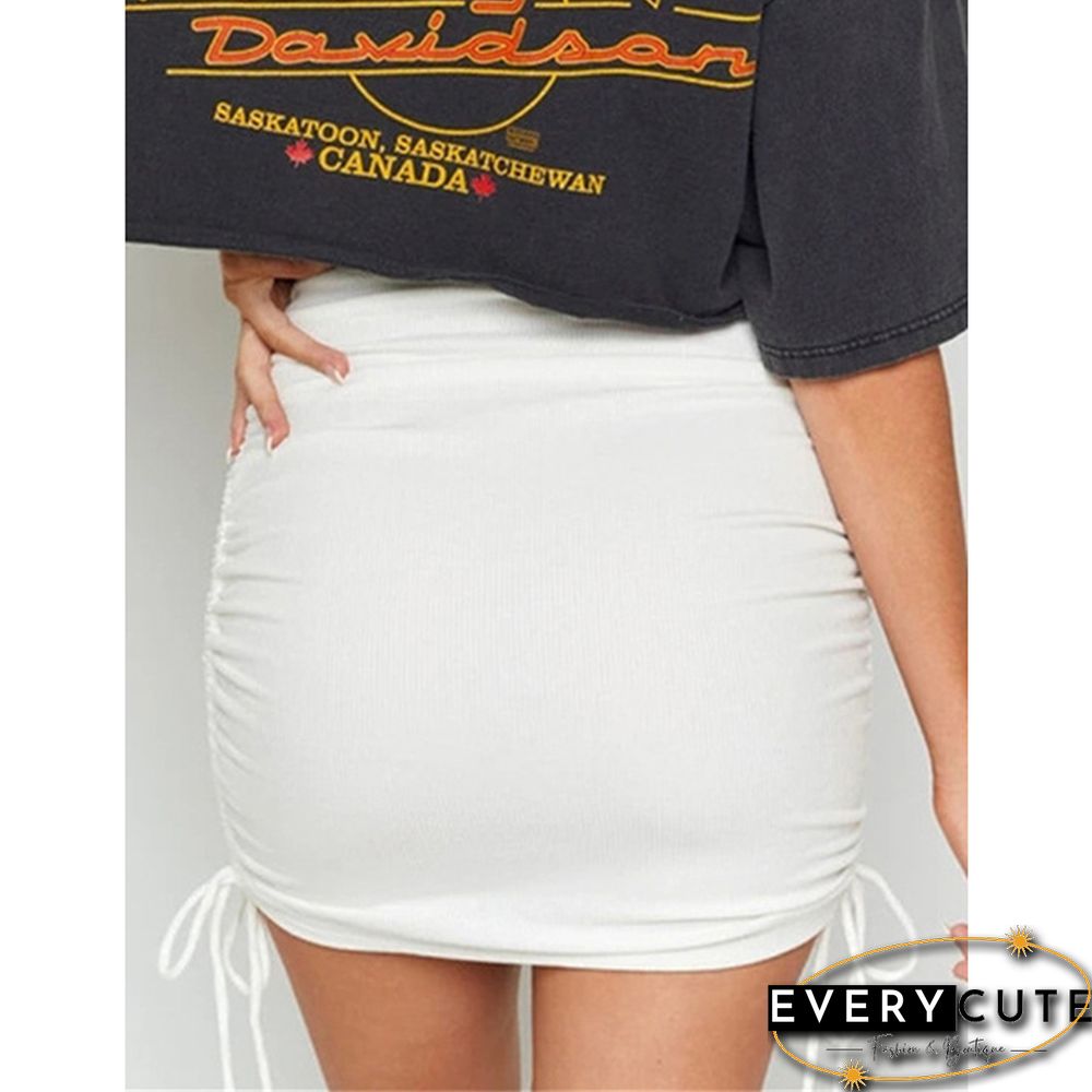 White Ribbed Drawstring Bodycon Mini Skirt