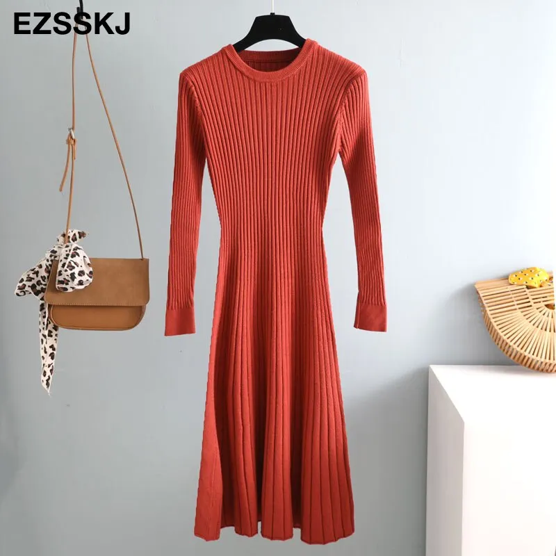 elegant Long sleeve OL O-neck long Sweater dress women Thick knit Autumn Winter dress female Slim A-line basic dress casual