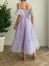 Lilac Lavender Purple Heart Print Tulle Prom Dress Sparkling Lovehearts Tea Length Ball Gown Thin Bow Ribbon Straps Off Shoulder Dresses