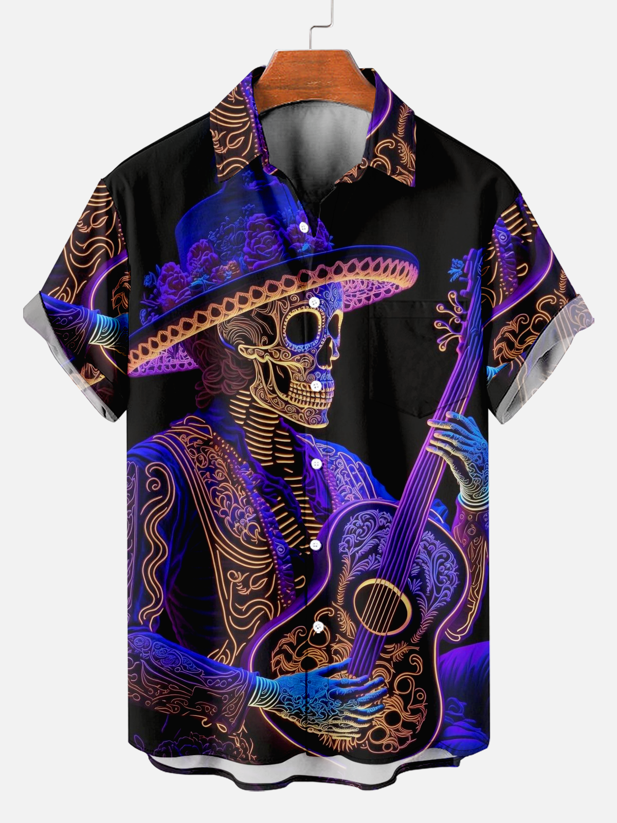 Men's Vintage Day of the Dead Neon Skull Guitar Print Shirt PLUSCLOTHESMAN