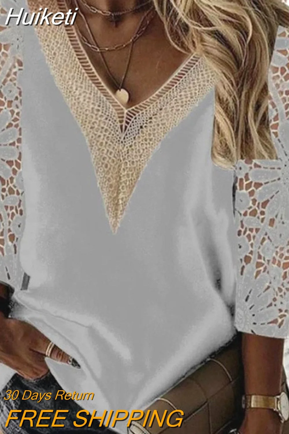 Huiketi Sleeve Hollow Lace White Chiffon Shirt Women Elegant Pullover Casual Blouses Women Solid Lady Slim V-neck Tops Mujer 25948