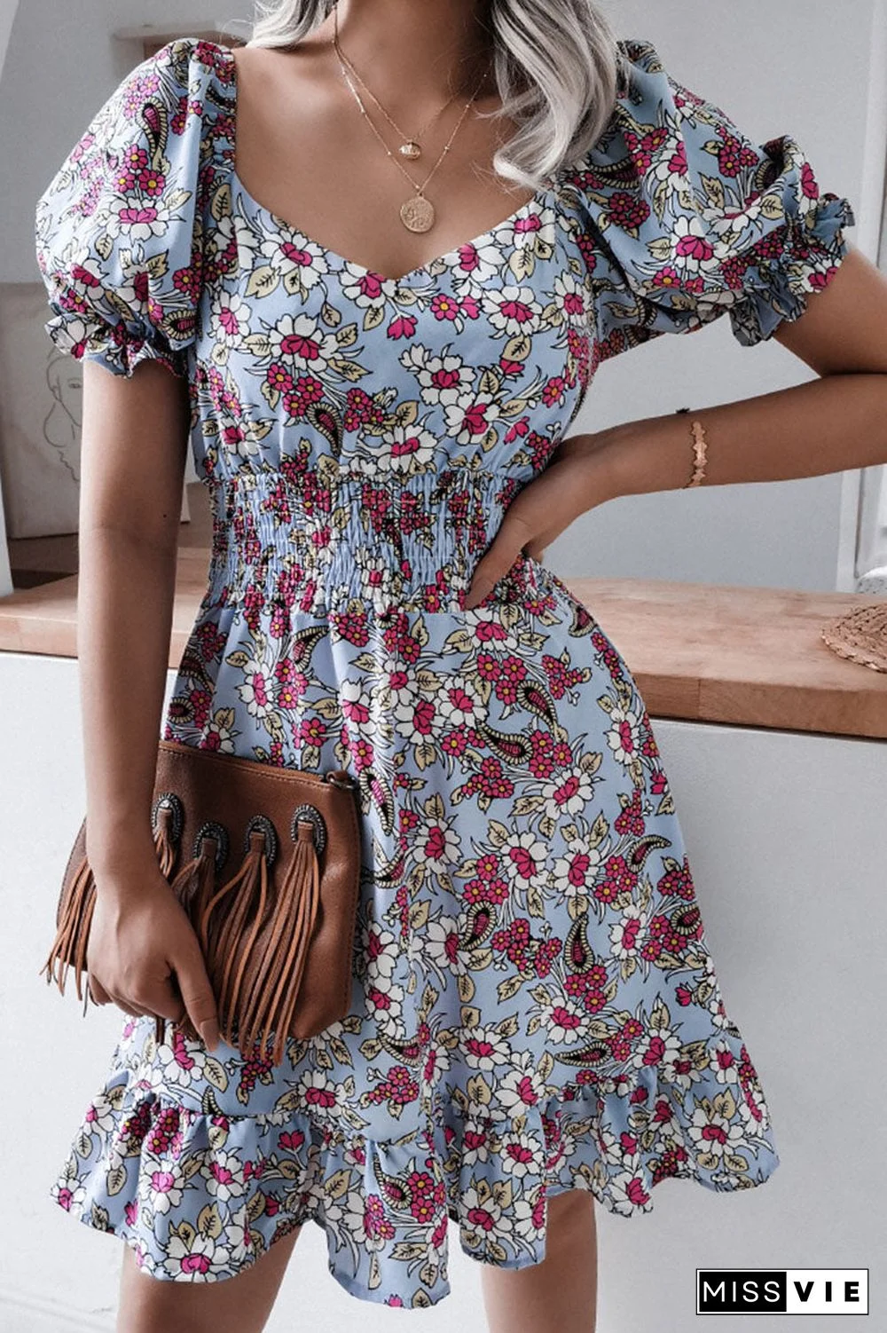 Fashion Casual Print Split Joint Square Collar A Line Dresses