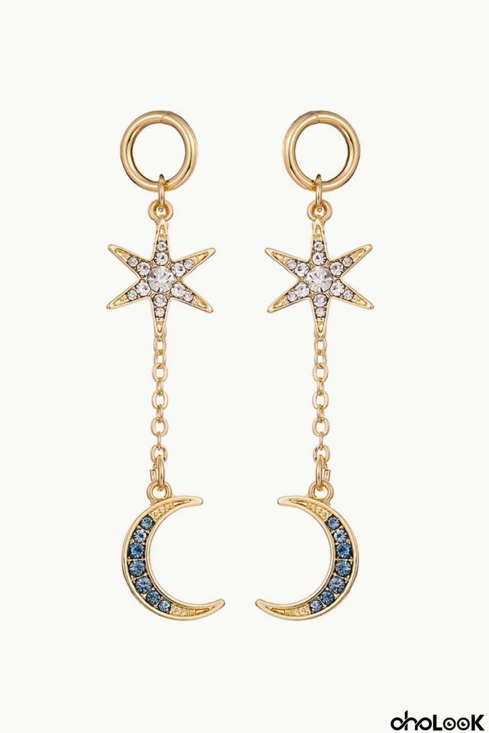Inlaid Rhinestone Star and Moon Drop Earrings