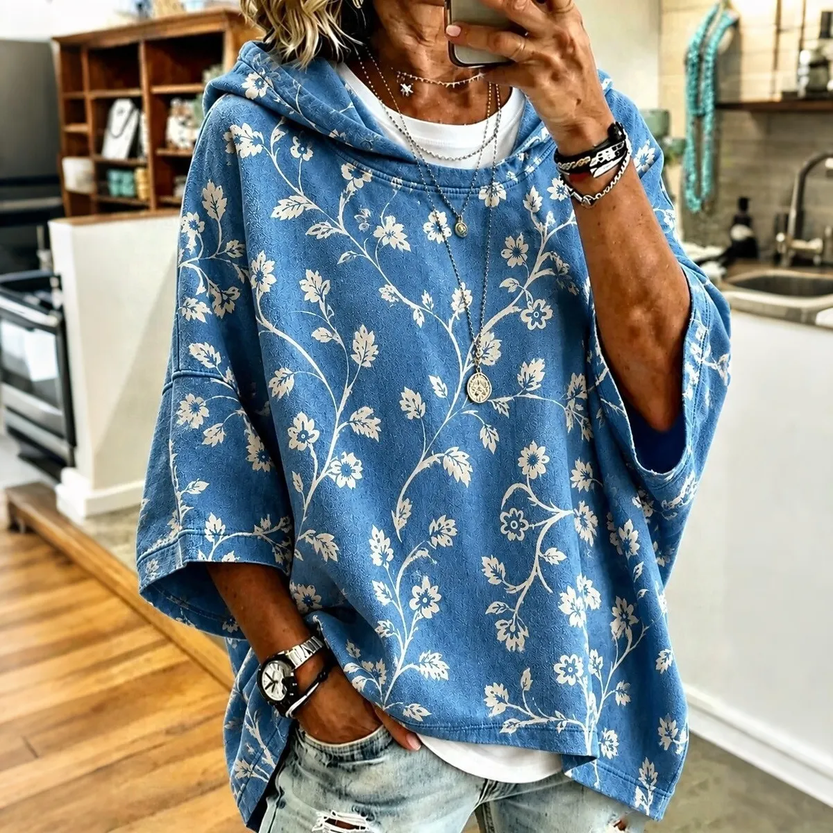 Comstylish Women's Floral Print Hooded Sweatshirt