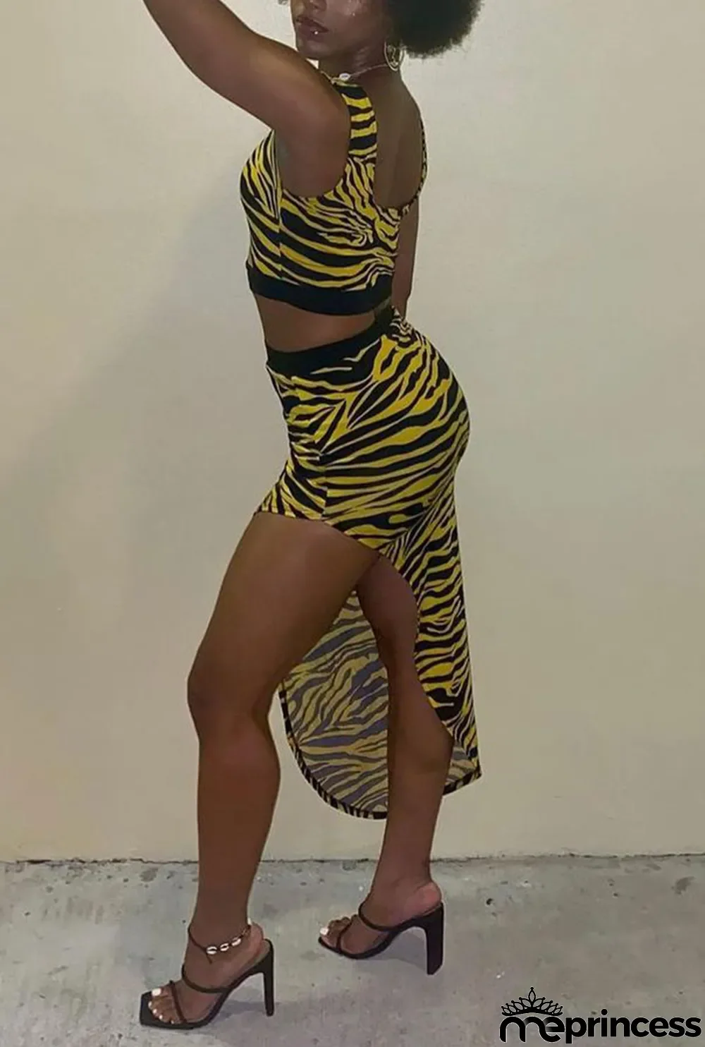 Fluorescent Green Sexy Leopard High Opening U Neck Sleeveless Two Pieces