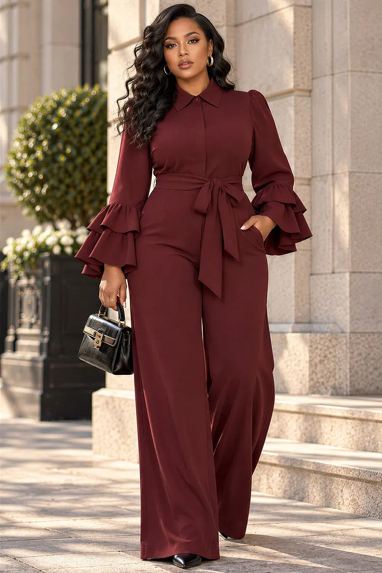 Xpluswear Design Plus Size Business Casual Burgundy Shirt Collar Flare Long Sleeve Wrap Wide Leg Jumpsuits [Pre-Order] 2024 - Xpluswear