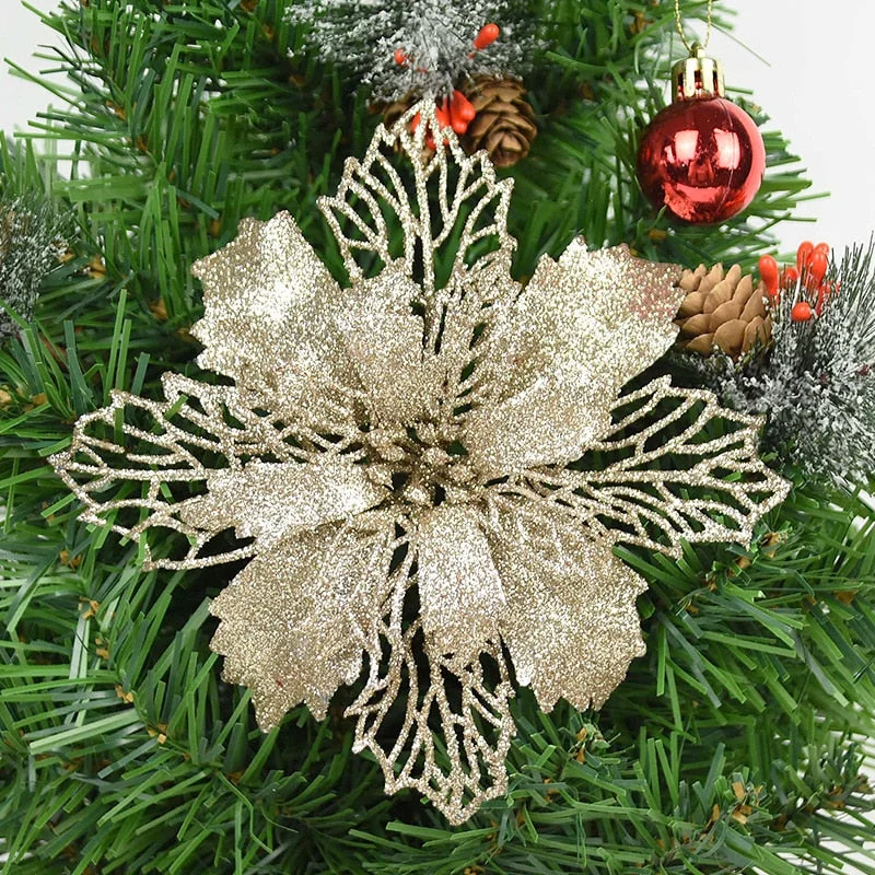 5pcs 9-16cm Glitter Artifical Christmas Flowers Christmas Tree Decorations for Home Fake Flowers Xmas Ornaments New Year Decor