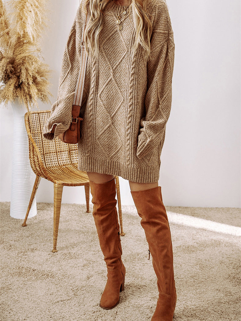 Women's Long Sleeve Scoop Neck Graphic Knit Midi Dress