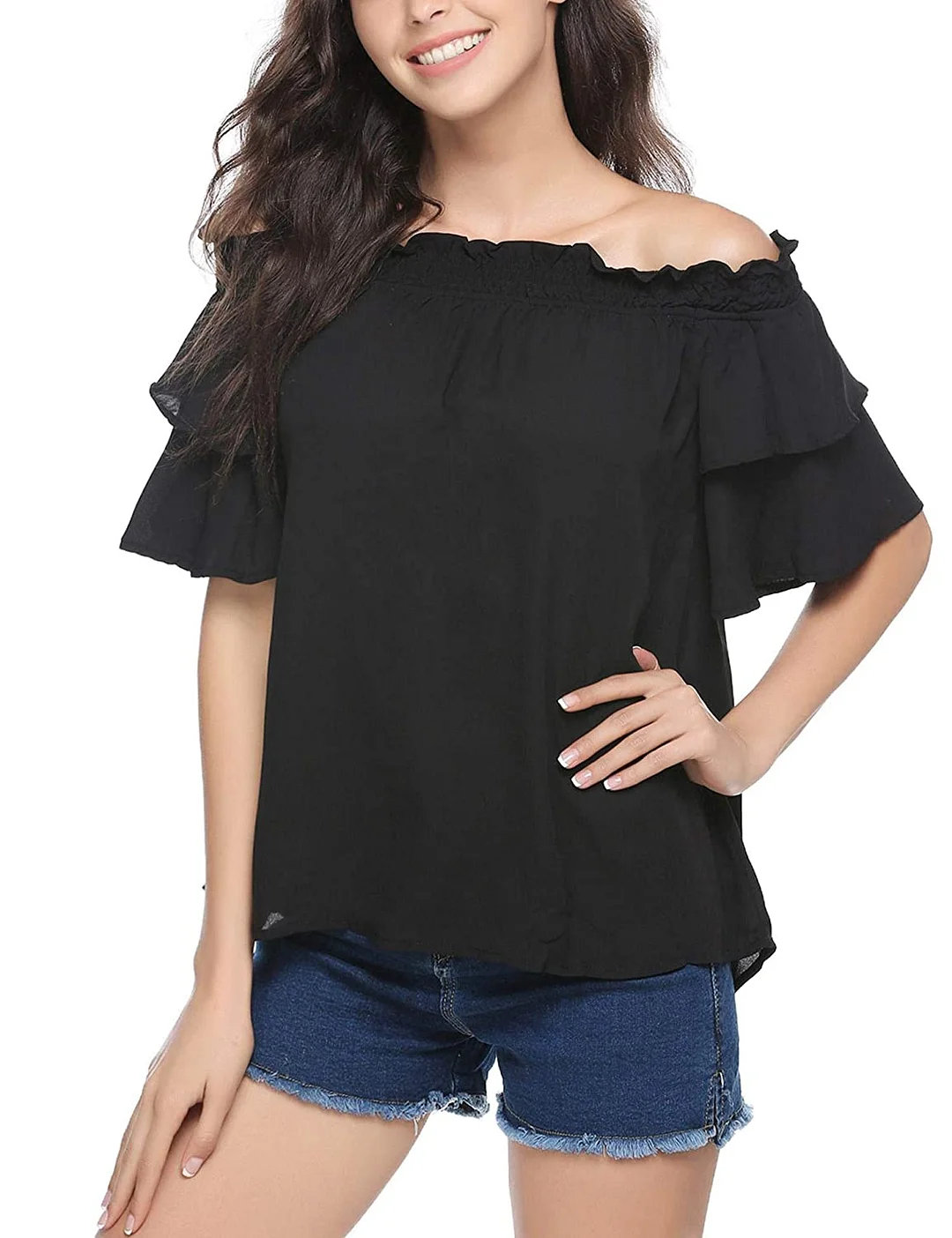Women's Off Shoulder Bell Sleeve Shirt Casual Loose Chiffon Blouses Sexy Tops