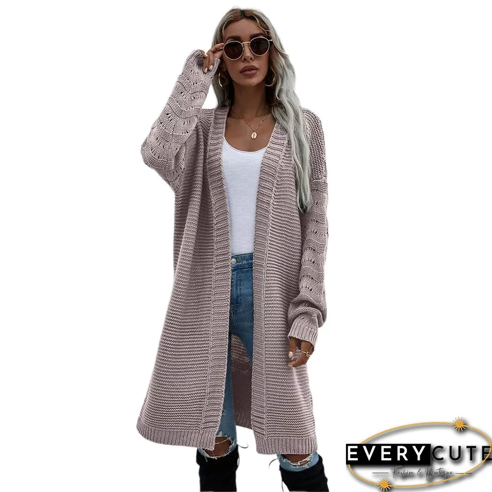 Solid Cameo Open Front Knitted Long Cardigan