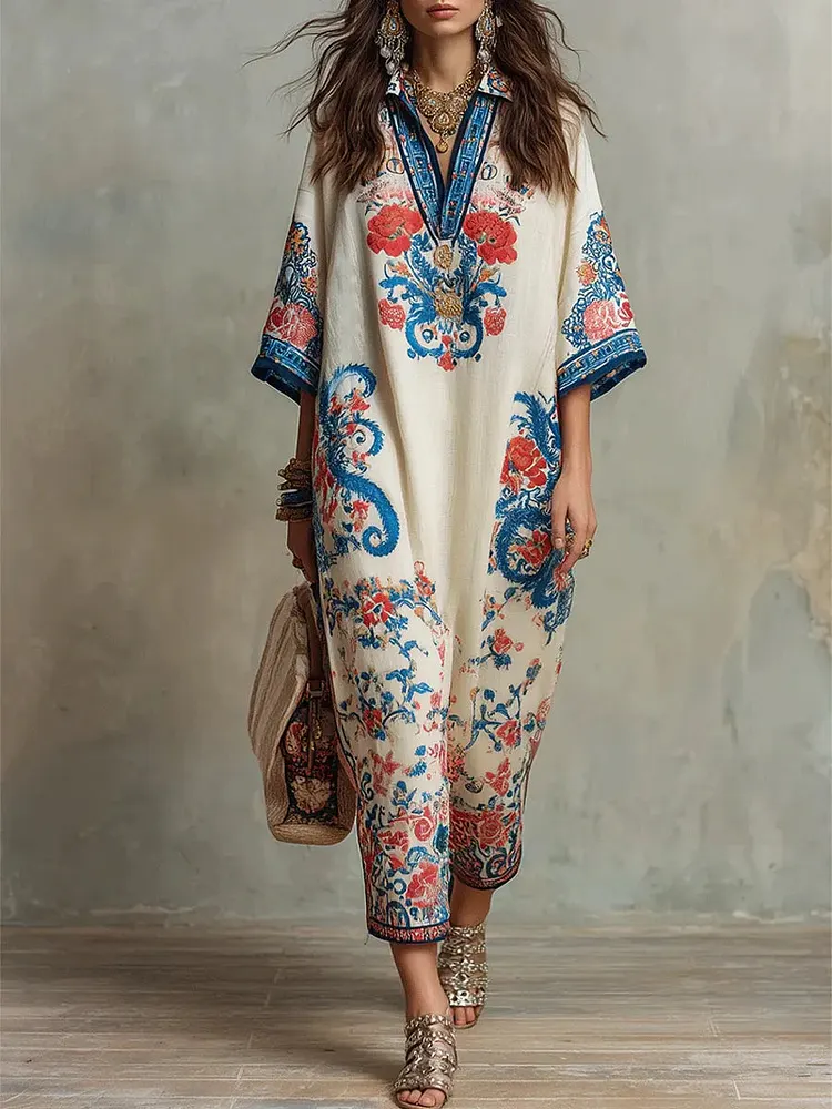 Women's Retro Ethnic Floral Pattern Art Print Casual Fashion Cotton Maxi Dress