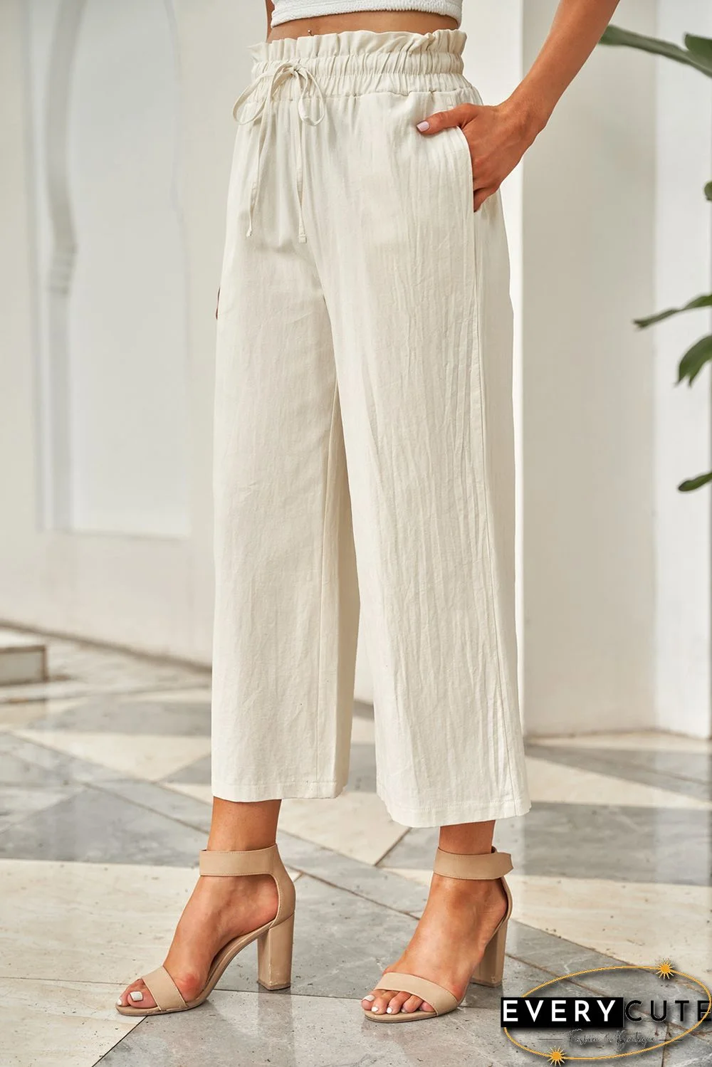 Khaki Paperbag Waist Straight Leg Cropped Pants