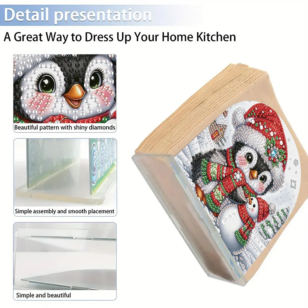 5D DIY Christmas Penguin Snowman Acrylic Diamond Art Painting Napkin Holder Set