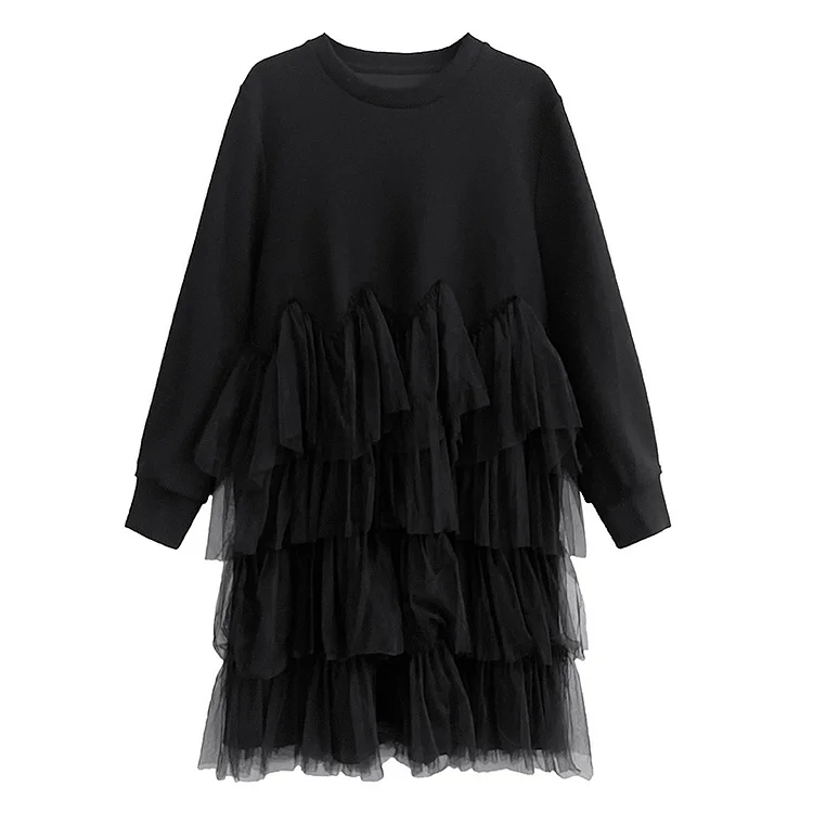 Dark Style Mesh Splicing Long Sleeve Midi Dress - yankia