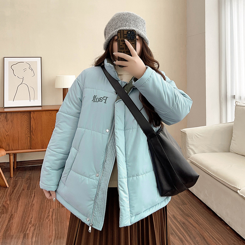 Chic Frost-Blue Cotton Plus Winter Coat: High-Neck Warm Puffer Jacket