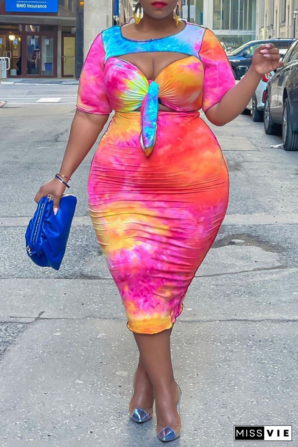 Fashion Sexy Print Hollowed Out O Neck Plus Size Two Pieces