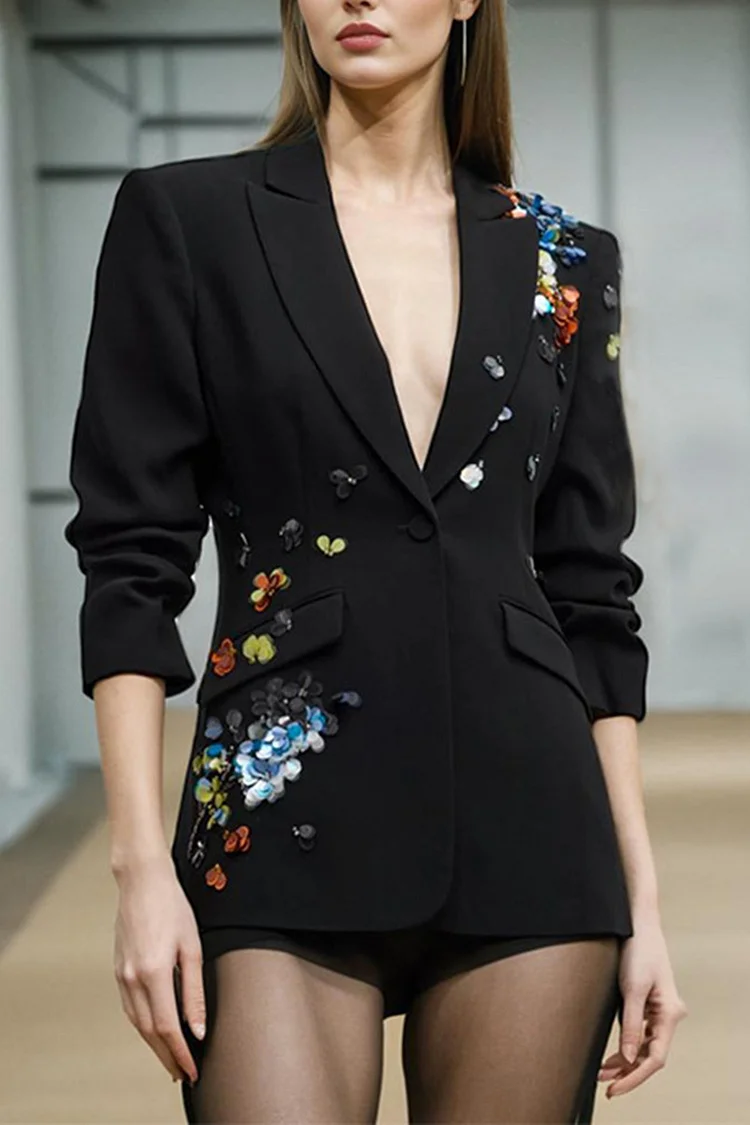 Floral Sequin Peak Lapel One Button Blazer-Black