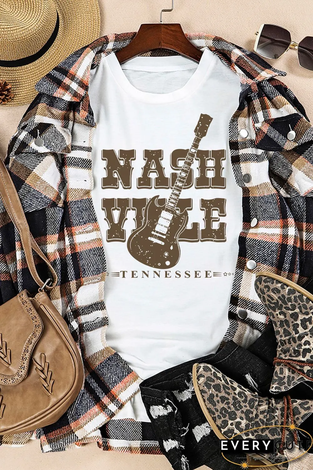 White NASHVILLE Country Music Theme Graphic Tee