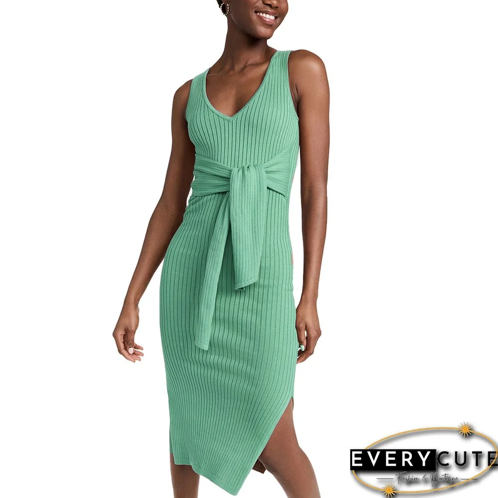 Light Green V Neck Split Knit Midi Dress with Belt