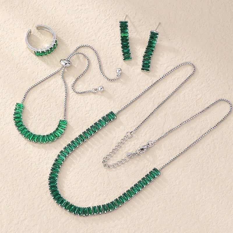 304 Stainless Steel Copper Rhodium Plated Minimalist Shiny Inlay Geometric Rectangle Zircon Rings Earrings Necklace