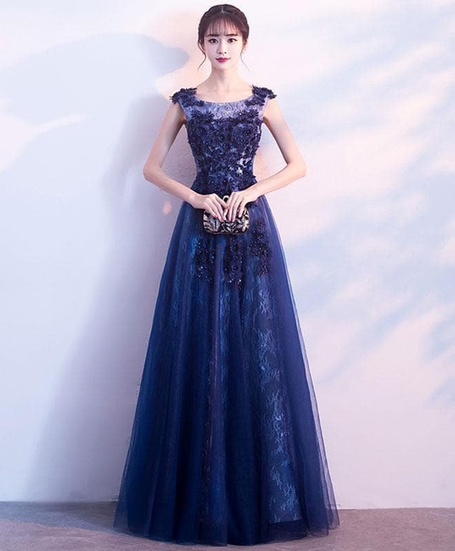 Dark Blue Lace Long Prom Dress, Lace Evening Dress