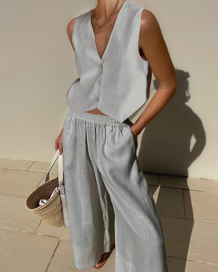 Chic Wide Leg Pants V-Neck Vest Suit