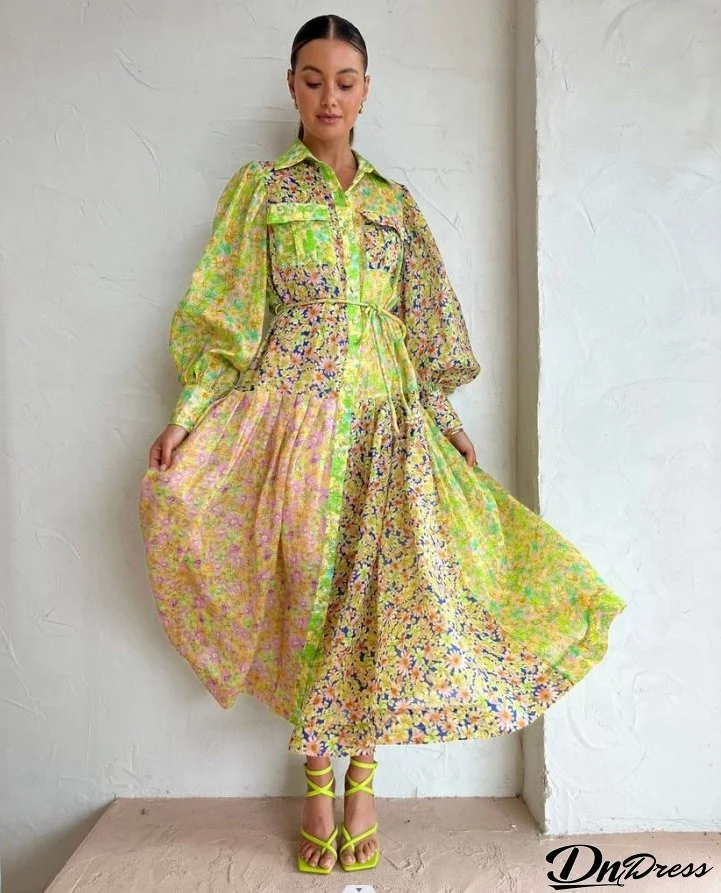 Women Floral Colorblock Balloon Sleeve Long Dress