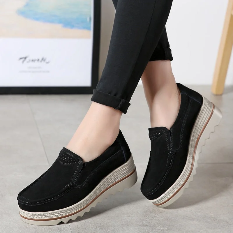 WIENJEE 2019 Spring Platform Women Shoes Flats Sneakers Suede Leather Women Casual Shoes Slip On Flats Heels Creepers Moccasins