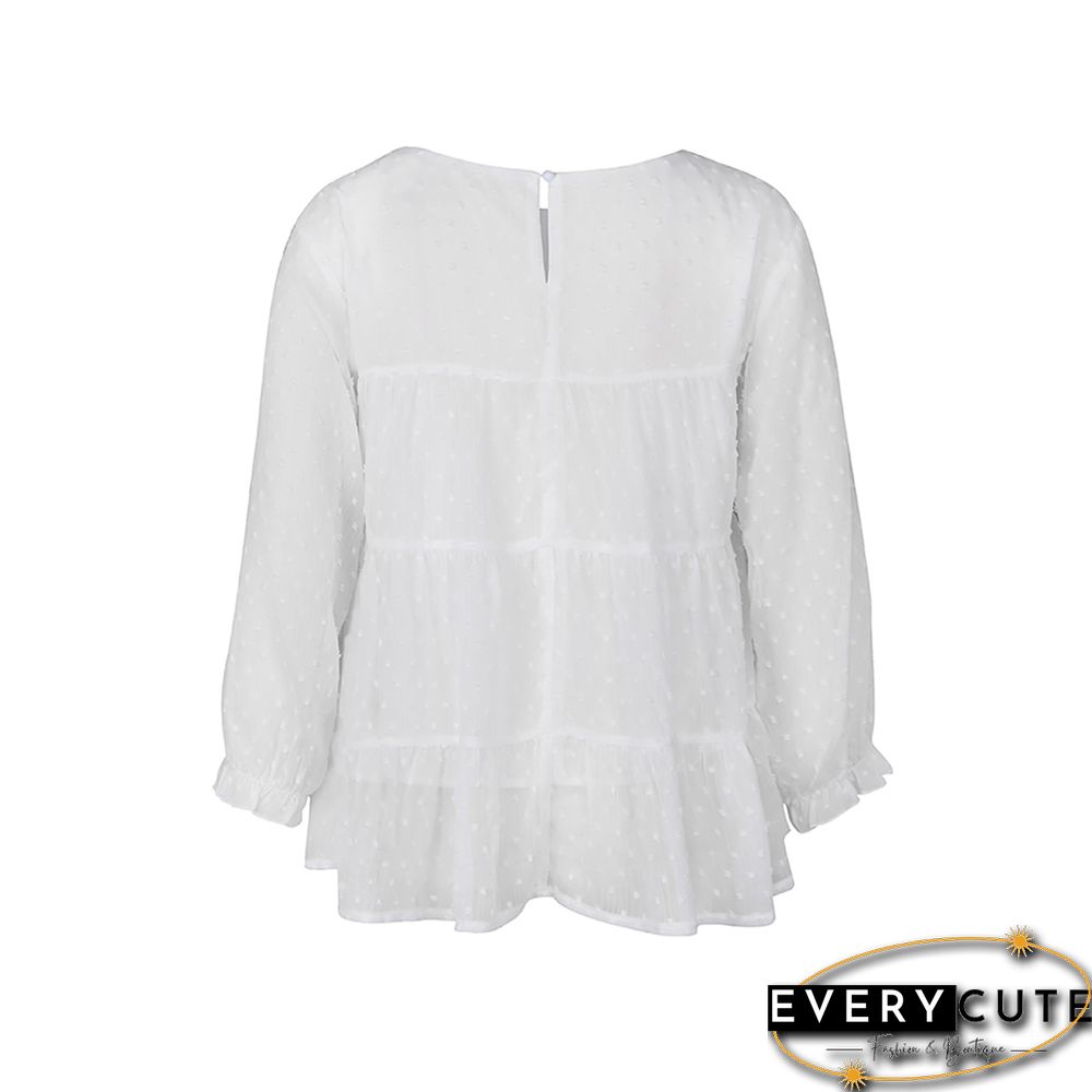 White Swiss Dot Chiffon Long Sleeve Tops