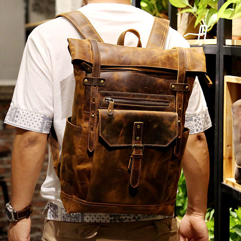 Outdoor Model Show of Woosir Leather Roll Top Backpack with Pockets
