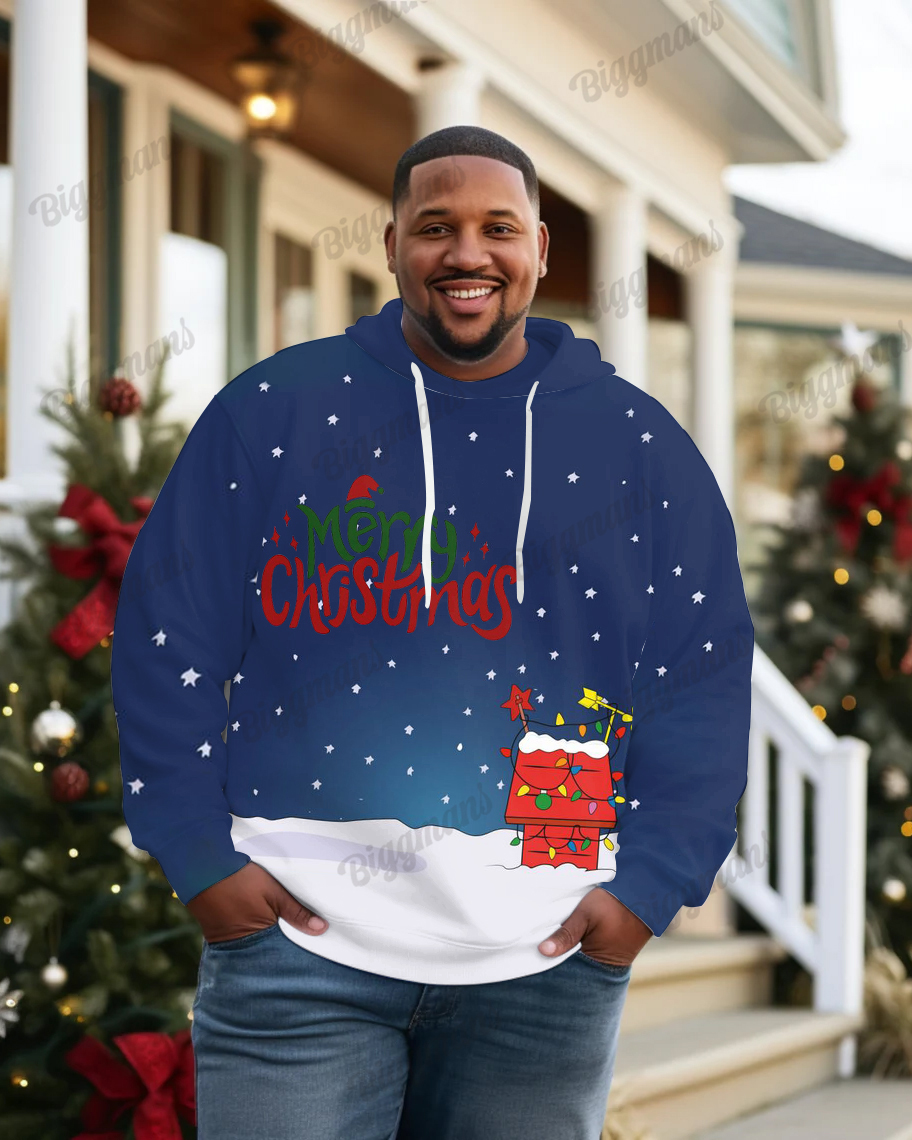 Men's Big & Tall Christmas Tree Holiday Blue Cartoon Long Sleeve Hoodie