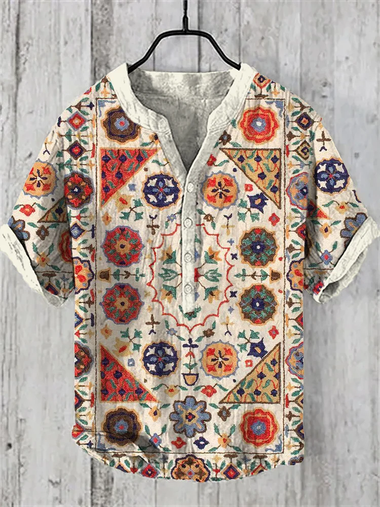 Men's Boho Ethnic Pattern Art Print Half Button Linen Blend Shirt