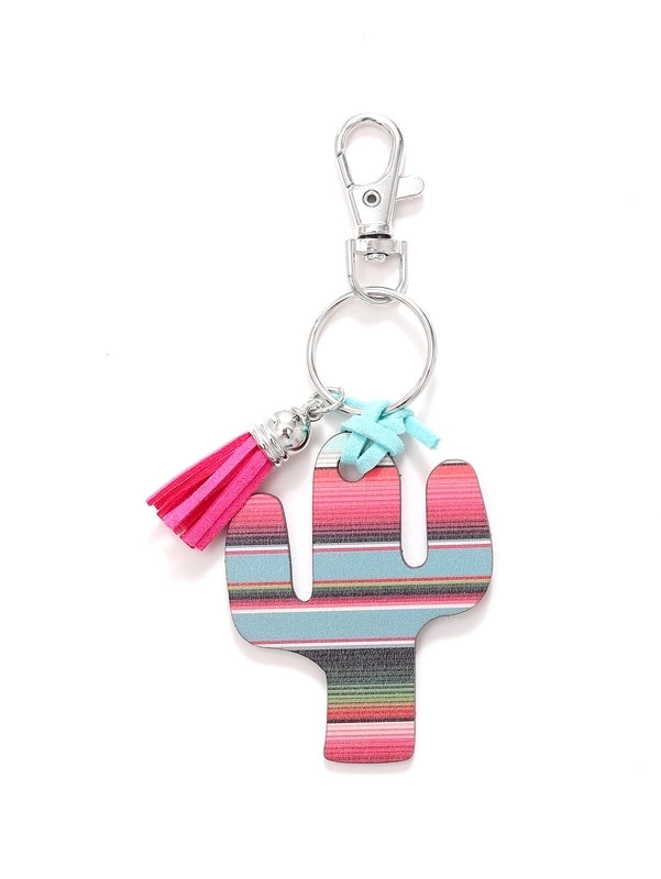 Classic Style Commute Cactus Printing Wood Bag Pendant Keychain