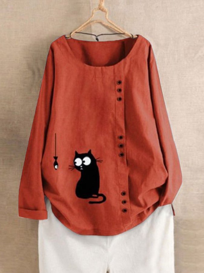 Women's Funny Black Cat Print Cotton Shirt