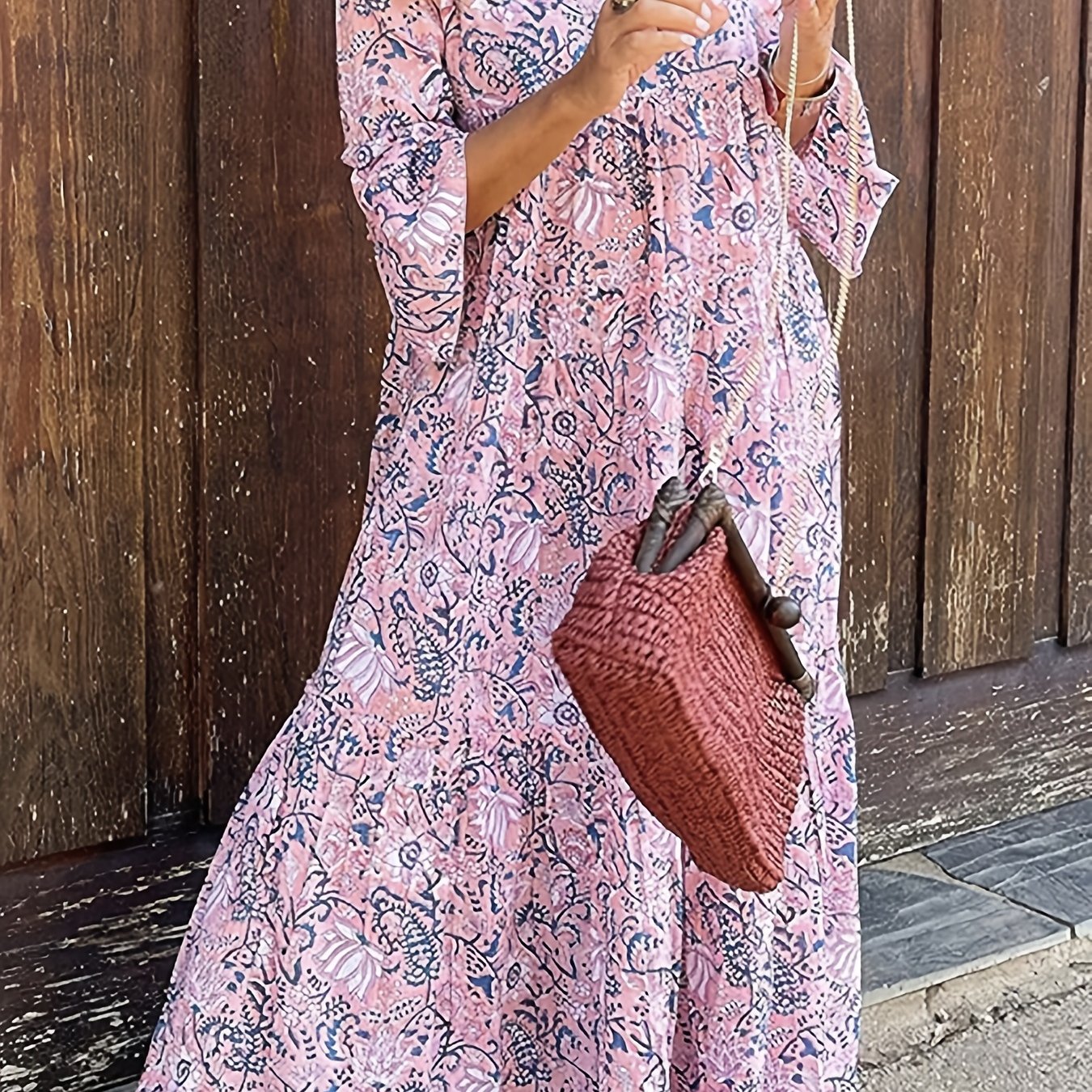 Plus Size Elegant Dress, Women's Plus Paisley Floral Print Three Quarter Sleeve V Neck Smock Maxi Dress