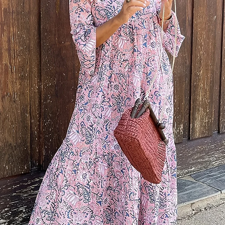 Plus Size Elegant Dress, Women's Plus Paisley Floral Print Three Quarter Sleeve V Neck Smock Maxi Dress