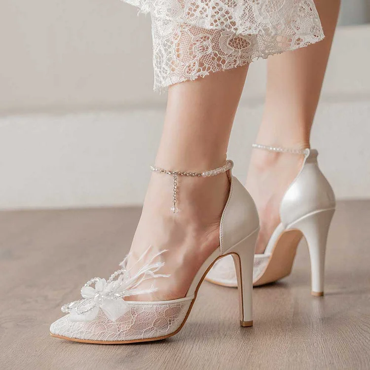 Tulle Beaded Embroidery Lace Ankle Strap Bridal Shoes in White |FSJ Shoes