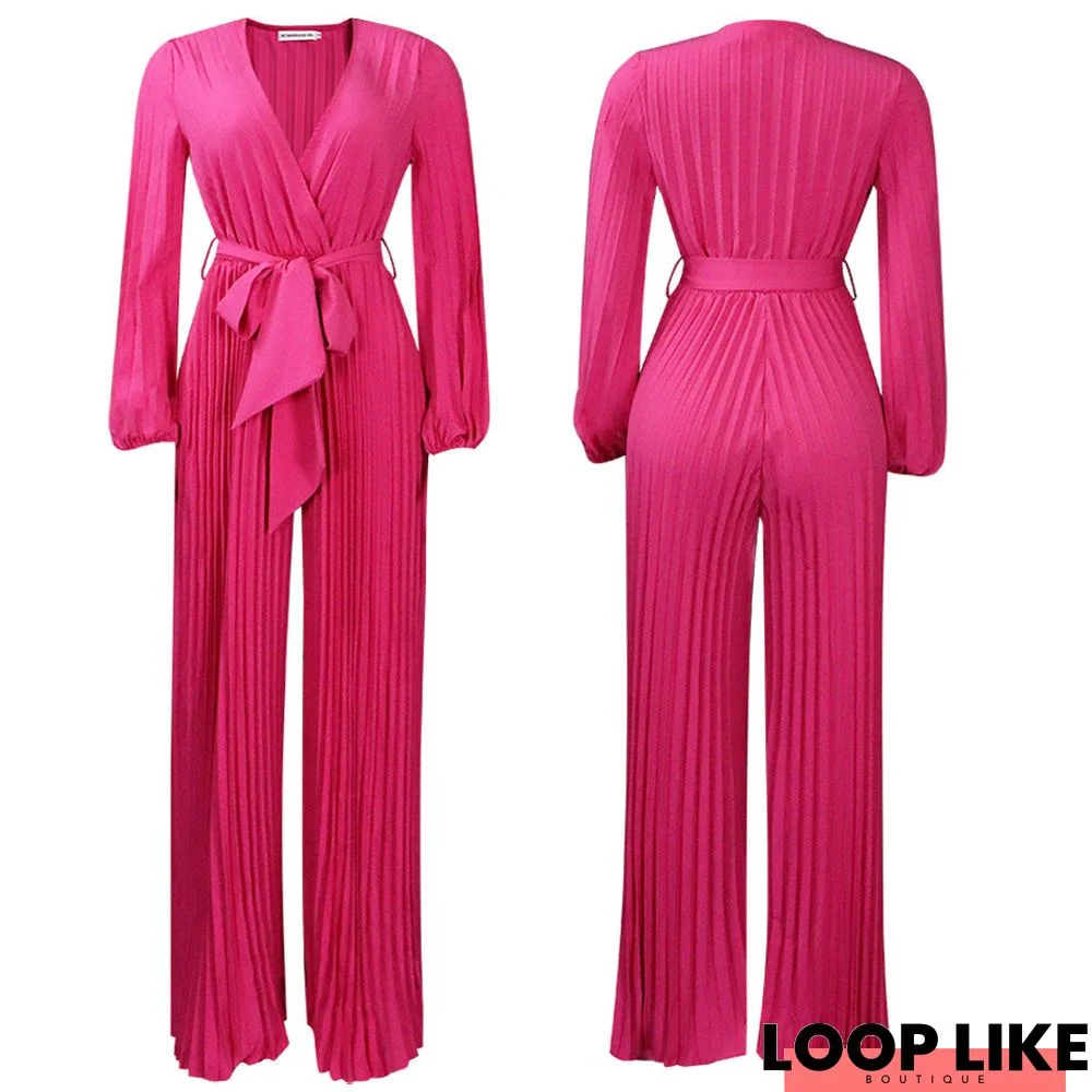 Summer V-neck Sexy Lace-up Crumple Pleated Wide-leg Plus Size Jumpsuit