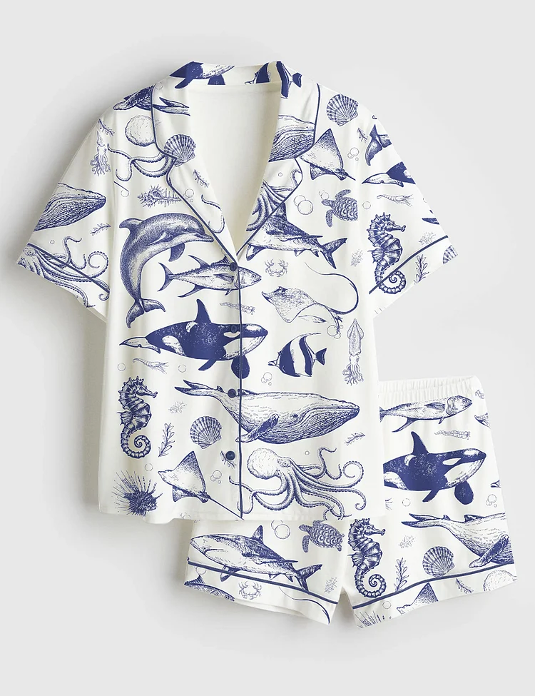 Women&rsquo;s Ocean Nature Vintage 90s Tattoo Sea Animal Print Short Sleeve Satin Pajama Set