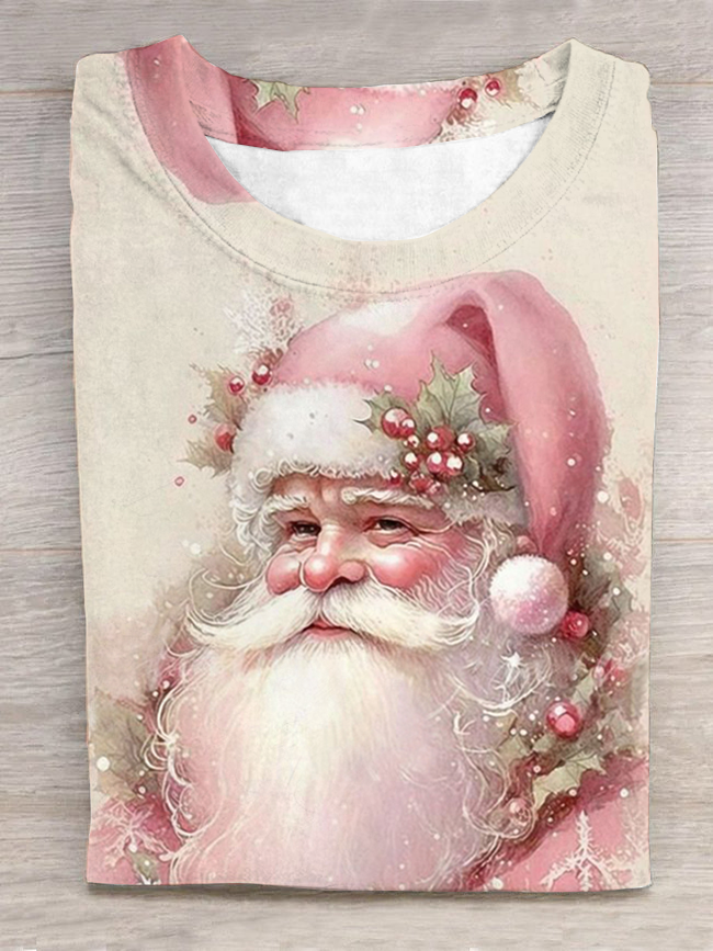 Retro Christmas Pink Santa Round Neck T-Shirt
