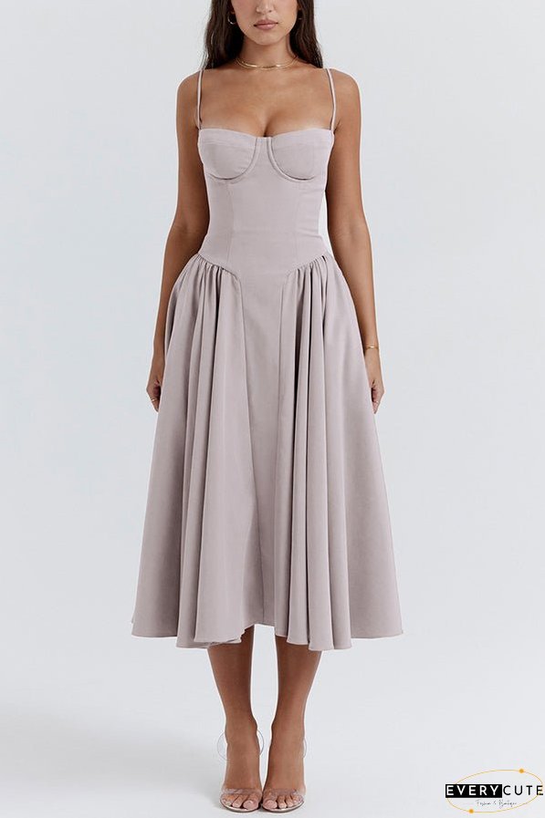 Solid Color Vintage Slim Fit Suspender Pocket Midi Dress