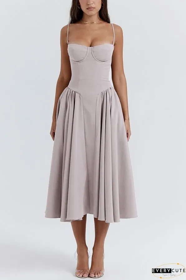 Solid Color Vintage Slim Fit Suspender Pocket Midi Dress